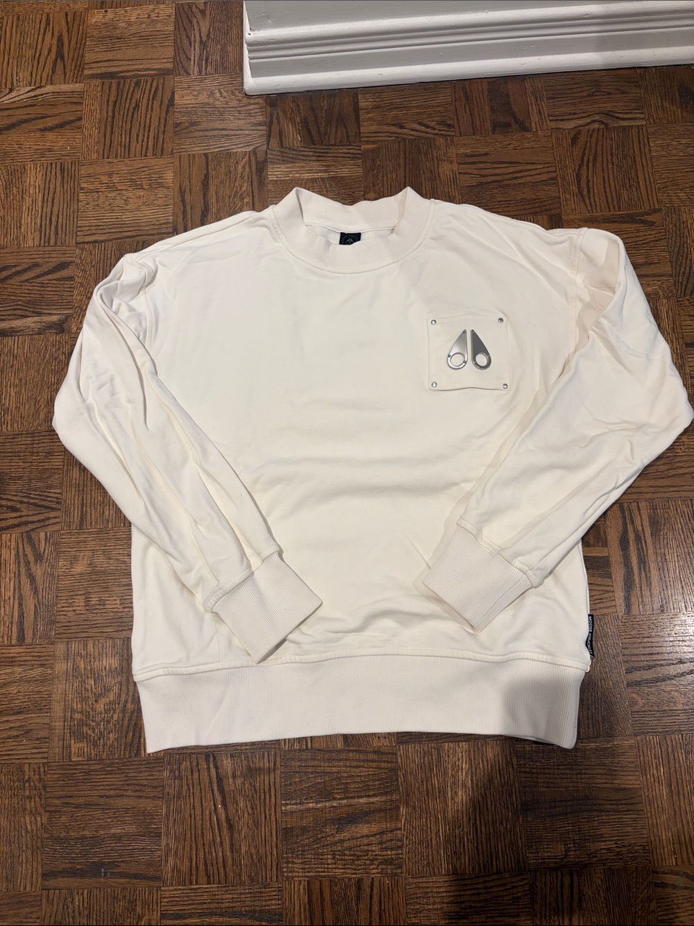 Moose Knuckles Unisex Cream Crewneck Sweater with Signature Chest Patch